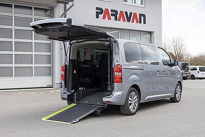 PARAVAN rear-entry conversion with extended ramp in front of the mobility center.