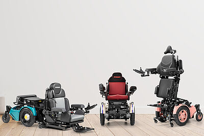Three models for kids of the PARAVAN PR wheelchair series – customized electric wheelchairs for different mobility needs.