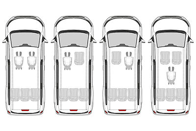 A bird's-eye view of four identical vehicles. Only the outlines of the cars are visible, along with the interior seating arrangements, which differ across the four images. From left to right: 1. Front (driver's seat, passenger seat) wheelchair, rear bench seat with 3 seats. 2. Front: driver’s seat wheelchair, passenger seat standard seat, and rear bench with 3 seats. 3. Exactly the opposite of 2: driver’s seat standard seat and passenger seat wheelchair, rear same. 4. Front: both standard seats, single wheelchair in the center, and additionally a rear bench with 3 seats.