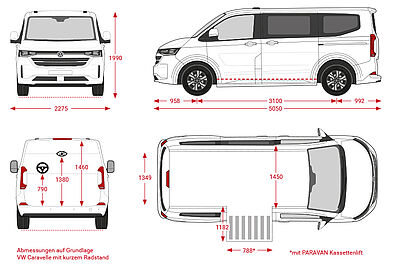 Four different views of a vehicle, showing only the outlines in a sketched version. Each image includes arrows indicating the car’s dimensions. Top left: Overall vehicle dimensions from the front: 2275 mm wide and 1990 mm high. Top right: Overall vehicle dimensions from the side: 5050 mm wide overall, 958 mm to the front wheelbase, 3100 mm from the first to the second wheelbase, and 992 mm at the rear. Bottom left: Height from floor to steering wheel 790 mm, to eye level 1380 mm, to roof 1460 mm. Bottom right: Interior width 1450 mm, rear entry width: 1349 mm, and cargo lift dimensions: length 1182 mm and width 788 mm.