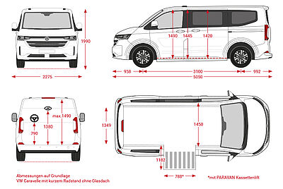 Four different views of a vehicle, showing only the outlines in a sketched version. Each image includes arrows indicating the car’s dimensions. Top left: Overall vehicle dimensions from the front: 2275 mm wide and 1990 mm high. Top right: Overall vehicle dimensions from the side: 5050 mm wide overall, 958 mm to the front wheelbase, 3100 mm from the first to the second wheelbase, and 992 mm at the rear. Bottom left: Height from floor to steering wheel 790 mm, to eye level 1380 mm, to roof 1460 mm. Bottom right: Interior width 1450 mm, rear entry width: 1349 mm, and cargo lift dimensions: length 1182 mm and width 788 mm.