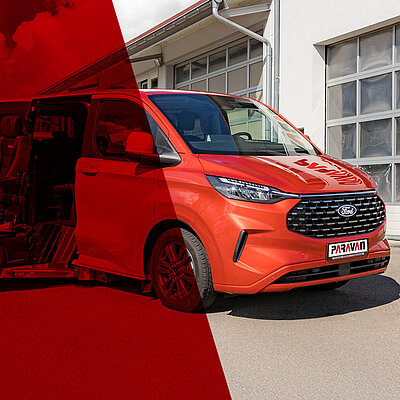 Ein umgebauter orangefarbener Ford Tourneo Custom als Desktop-Keyvisual
