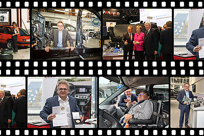 A photo collage showcasing key moments in Roland Arnold’s journey – from his early workshop days to trade fairs, awards, and customer interactions.