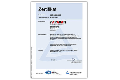 ISO9001 Zertifizierung der Paravan GmbH