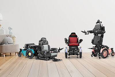 The three children's wheelchair models from Paravan: on the left, the PR 25; in the middle, the PR 35; and on the right, the PR 35S standing wheelchair.