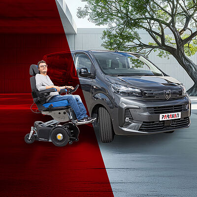 A new Peugeot Traveller in metallic black is parked in front of the Paravan company building, the front of the vehicle facing to the right with the passenger side