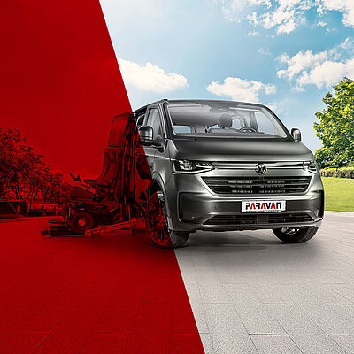 A key visual of the new VW New Caravelle in a rectangular format, showing the vehicle with the cargo lift open and a wheelchair inside, along with our red transparent A-visual.