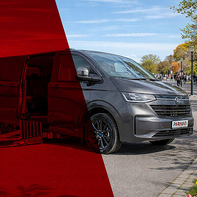 A key visual of the new VW New Caravelle in a rectangular format, showing the vehicle with the cargo lift open and a wheelchair inside, along with our red transparent A-visual.