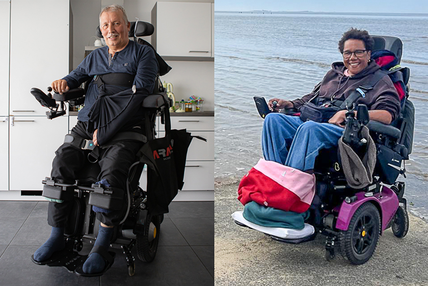 A split-screen image: on the left, an elderly man in an PR40 electric wheelchair in a kitchen; on the right, an elderly woman in her pink PR30/II electric wheelchair by the water.