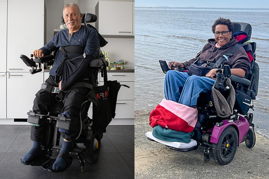 A split-screen image: on the left, an elderly man in a PR40 electric wheelchair in a kitchen; on the right, an elderly woman in her pink PR30/II electric wheelchair by the water.